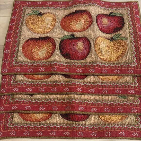 Vtg Apple Placemats Tapestry Woven Set Of 4 Farmhouse Country - Picture 4 of 6